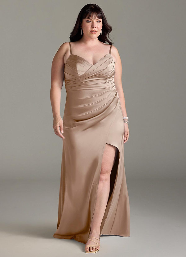 Azazie Yola Vestidos de dama de honor Vestido de Gris Pardo de Satén Elástico de Corte Recto Convertible con Cuello en V Plisado image1