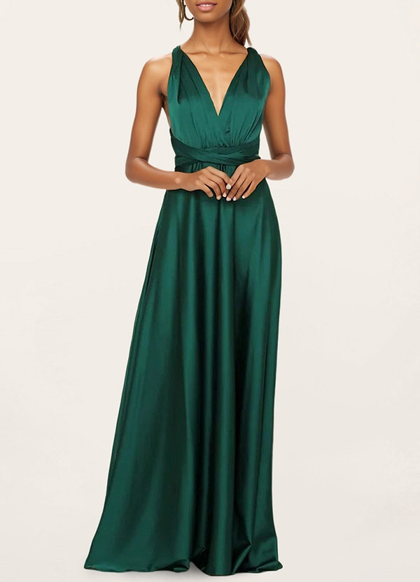 front Magical Romance Dark Emerald Satin Maxi Dress