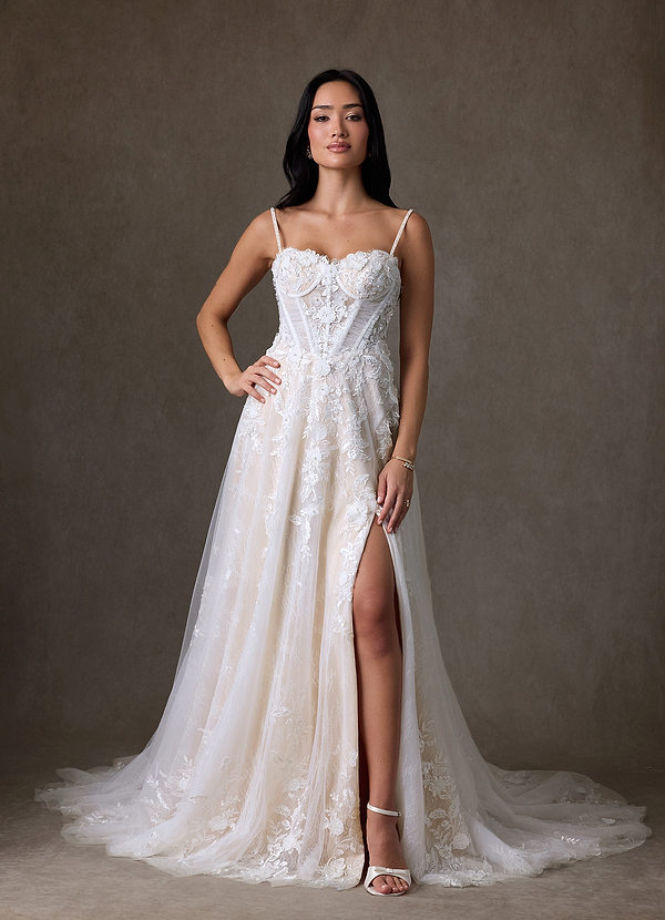 Azazie Ramina Wedding Dresses Diamond White Champagne A-Line Sweetheart Neckline Lace Dress image1