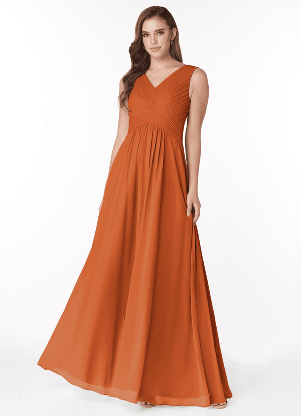 Azazie Flora Bridesmaid Dresses Cinnamon A-Line Pleated Chiffon Dress image1