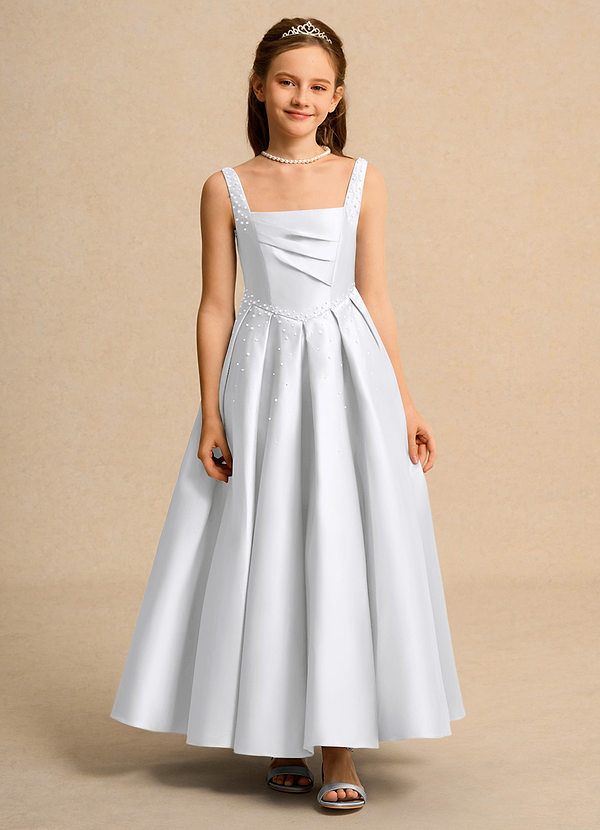 Azazie Mochi Girl Bloemenmeisjes Jurken Baljurk Jurk van Mat Satijn Geplooid Wit image1