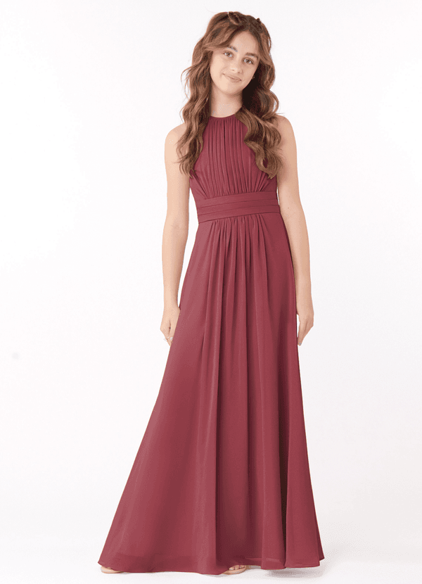 Azazie Bonnie Junior Merlot A-Line Pleated Chiffon Dress image1