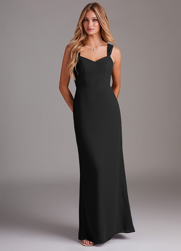 Azazie Denice Bridesmaid Dresses Black Sheath Pleated Chiffon Dress image1