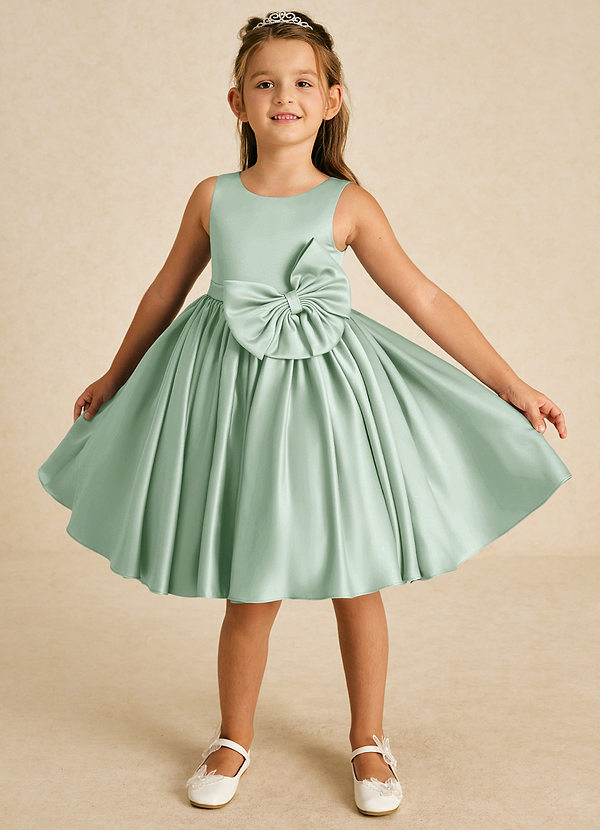 Azazie Apple Flower Girl Dresses Agave A-Line Bow Matte Satin Dress image1