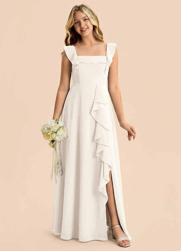 Azazie Nori Junior A-Linie Gestreift Chiffon Kleid Alabaster Weiß image1