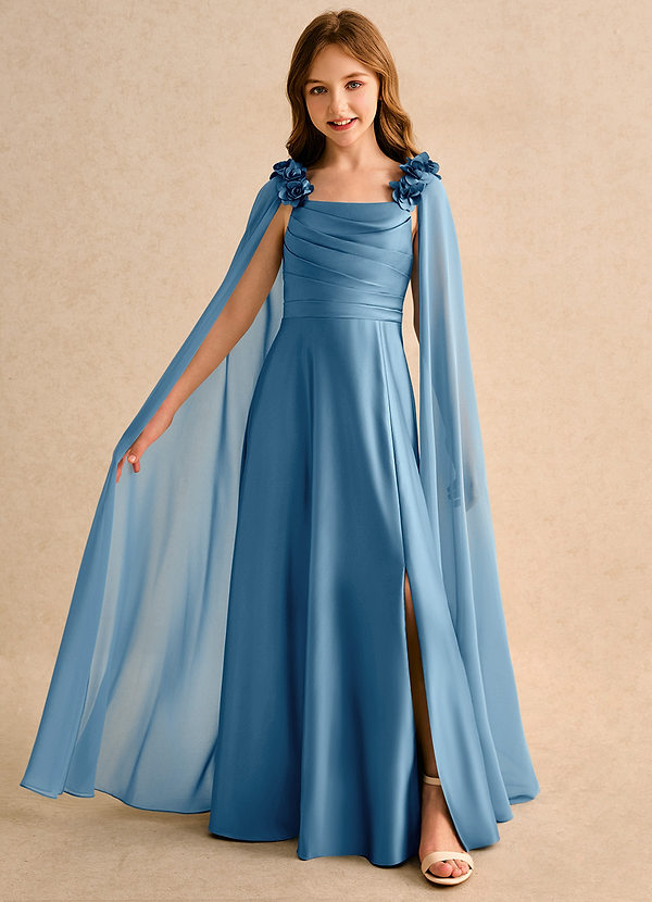 Azazie Rosita Girls Formal Vestidos de Niña de Flores Vestido de Azul Acero de Satin Mate de Corte en A con Plisado image1