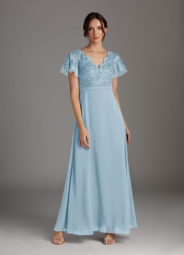 Azazie Singer Mother of the Brides Dresses Sky Blue A-Line V-Neck Lace Chiffon Dress image1