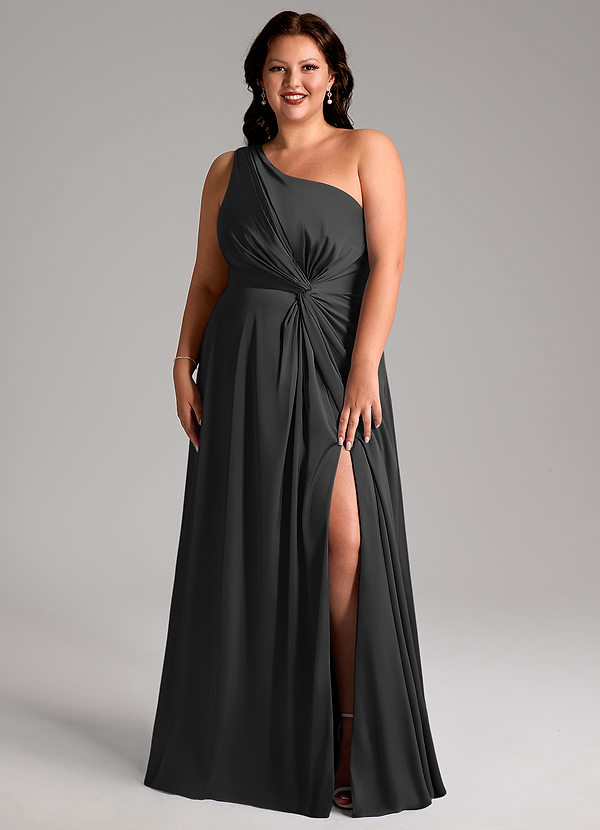 Azazie Brooke Bridesmaid Dresses Black A-Line One Shoulder Stretch Satin Dress image1