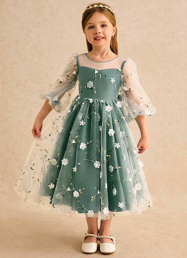 Azazie Elowen Flower Girl Dresses Dark Green A-Line Sweetheart Neckline Lace Dress image1