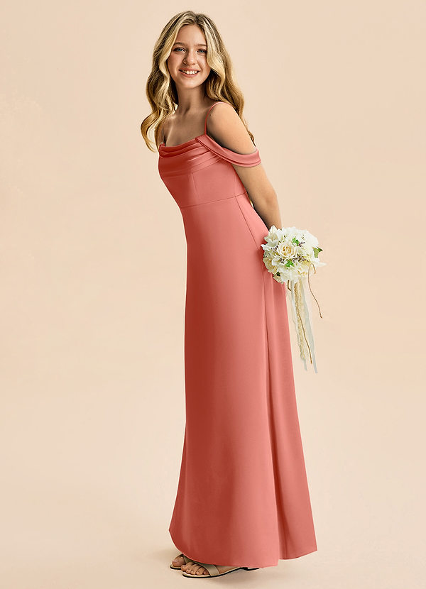Azazie Lettie Junior Salmon Pink A-Line Off the Shoulder Stretch Satin Dress image1