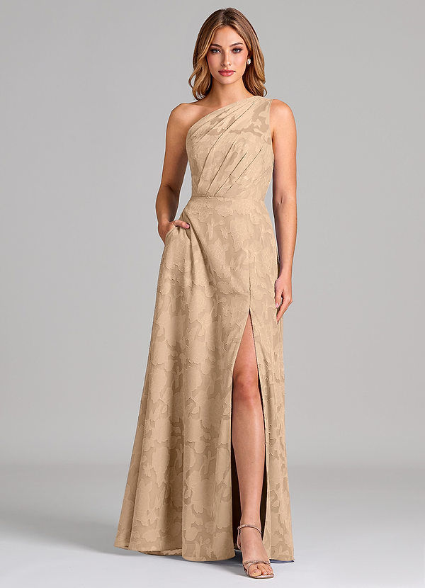 Azazie Phaedra Robes Demoiselle d'honneur Robe Trapèze en Blumen-Burnout Une épaule Champagne image1