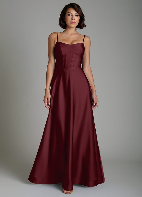 Azazie Nona Vestidos de dama de honor Vestido Cabernet de Satén Elástico de Línea A con Plisado image1