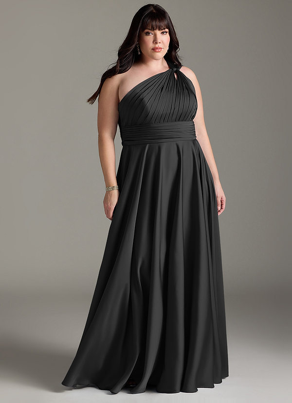Azazie Charlize Bridesmaid Dresses Black A-Line One Shoulder Stretch Satin Dress image1