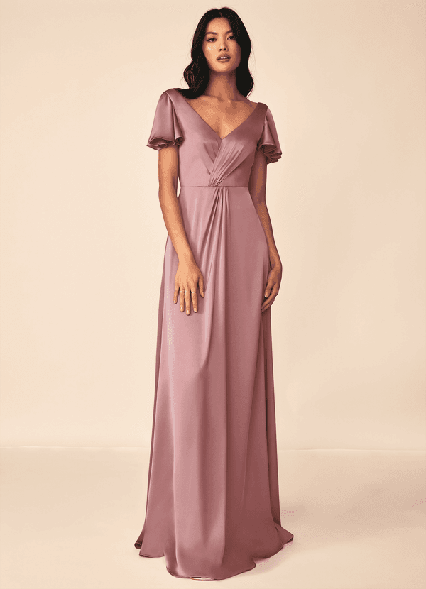 Azazie Soren Bridesmaid Dresses Dusty Rose A-Line Pleated Stretch Satin Dress image1