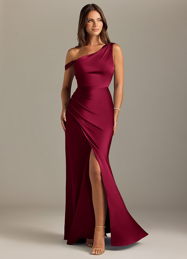 Azazie Madelyn Vestidos Dama de Honor Vestido de Borgoña de Satén Elástico de Corte Sirena Convertible con Vestidos sin tirantes image1