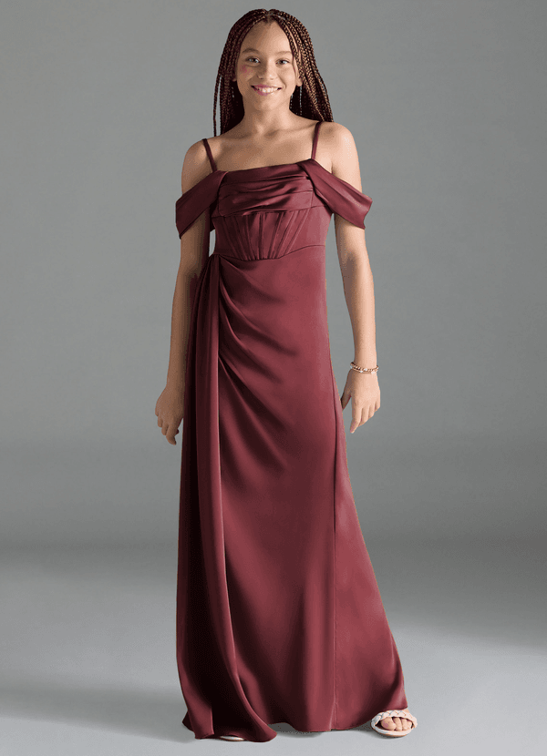 Azazie Amyra Junior Merlot Sheath Off the Shoulder Stretch Satin Dress image1