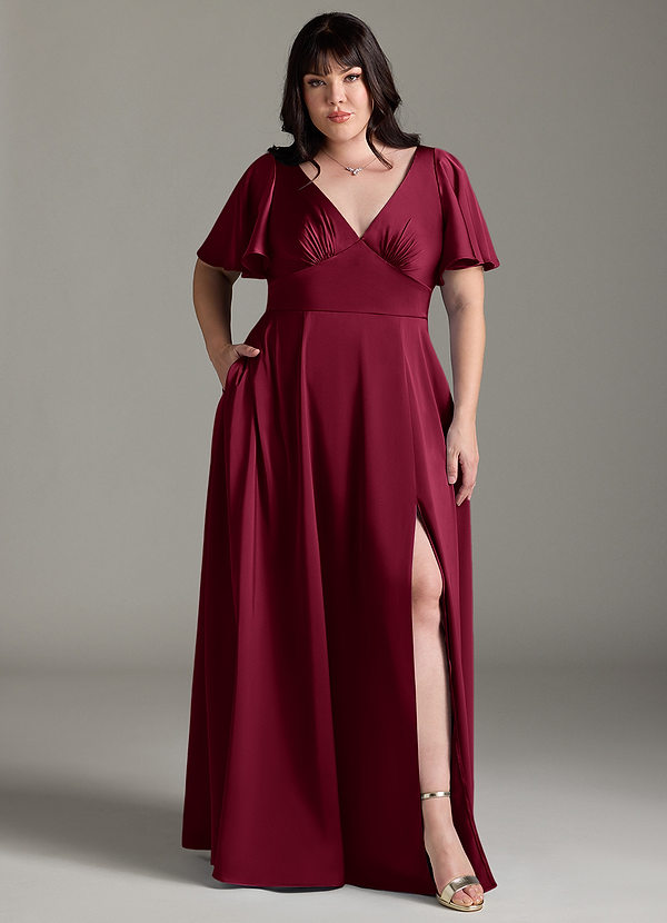 Azazie Kimber Bridesmaid Dresses Burgundy A-Line Ruched Stretch Satin Dress image1