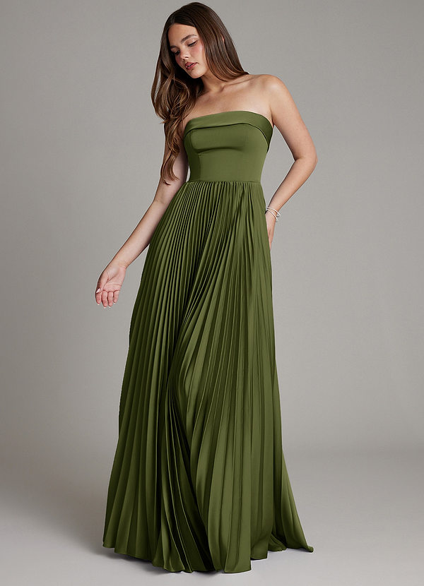 Azazie Mariana Bridesmaid Dresses Olive A-Line Pleated Stretch Satin Dress image1