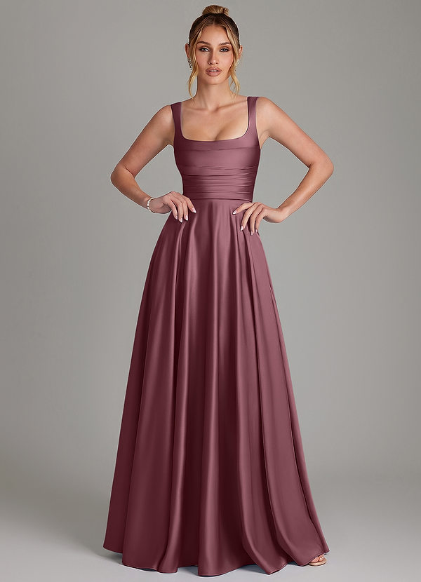 Azazie Azaria Robes de demoiselle d'honneur Robe Trapèze en Satin extensible Corset Rose Du Désert image1
