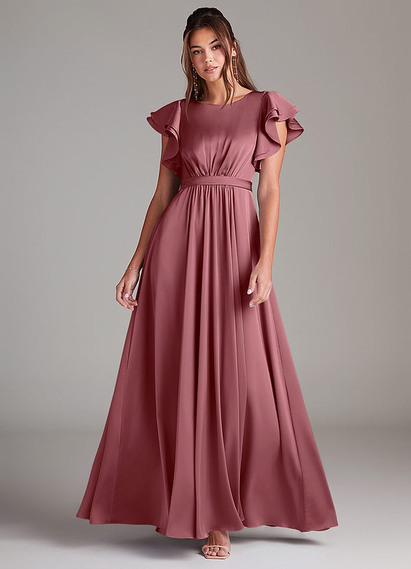 Azazie Daphne Modest Bridesmaid Dresses A-Line Ruched Stretch Satin Floor-Length Dress image1