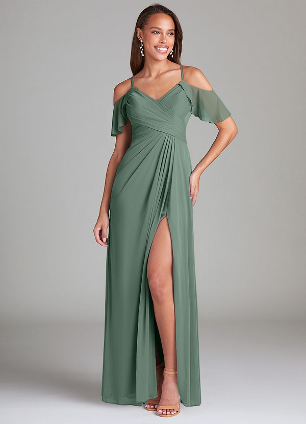 Azazie Dakota Bridesmaid Dresses Eucalyptus A-Line Off the Shoulder Mesh Dress image1