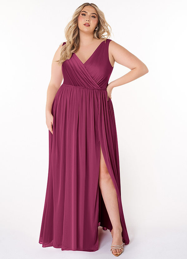 Azazie Tanicia Brautjungfernkleider A-Linie V-Hals Gefaltet Gittergewebe Kleid Maulbeerrot image1