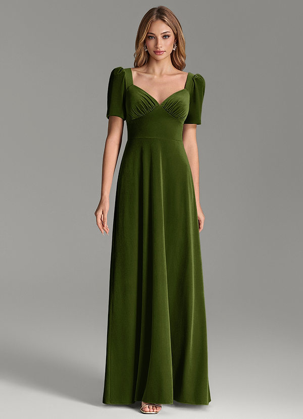 Azazie Alaya Bridesmaid Dresses Olive A-Line Sweetheart Neckline Velvet Dress image1