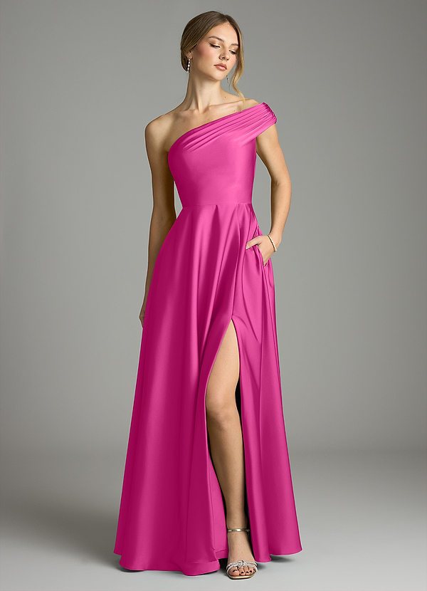 Azazie Melanie Suknie dla druhen Linia A Zza ramienia Satyna elastyczna Do ziemi Sukienka image1