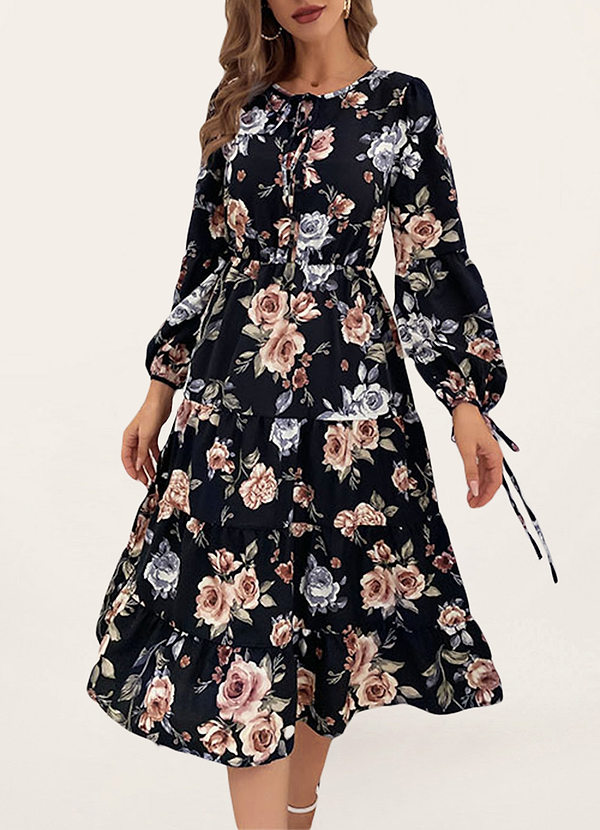 front Cornelia Negro Vestido midi de manga larga con estampado floral