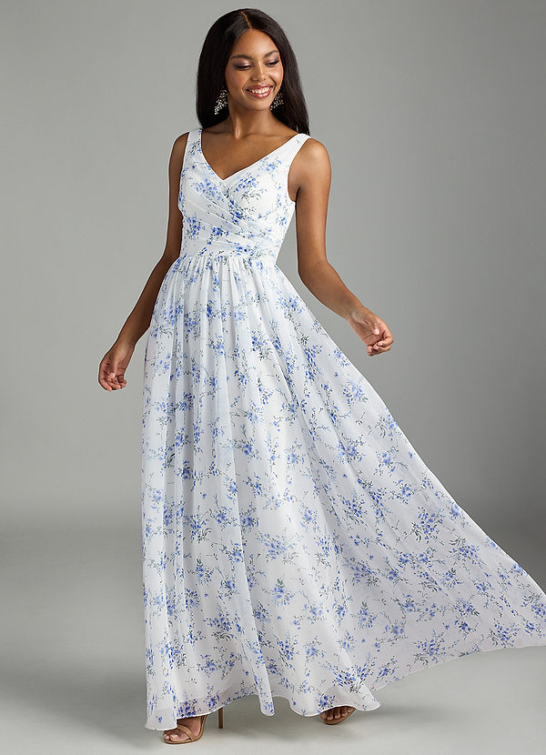 Azazie Keyla Bridesmaid Dresses Blue Cottage Floral A-Line V-Neck Pleated Chiffon Dress image1