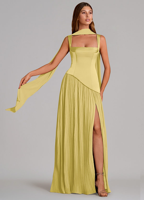 Azazie Stephanie Vestidos Dama de Honor Vestido de Canario de Satén Elástico de Corte en A con Plisado image1