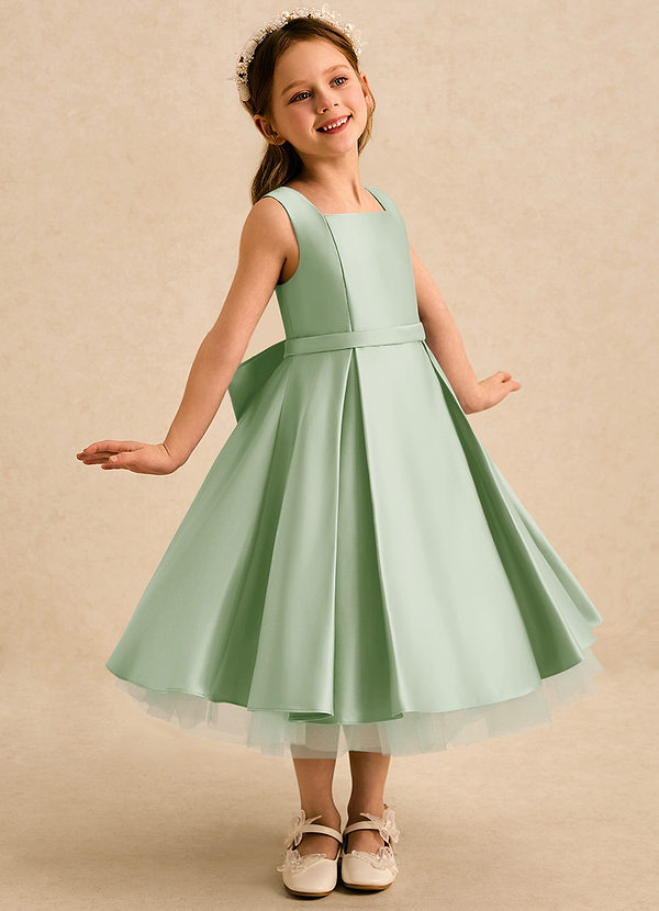 Azazie Josie Flower Girl Dresses Dusty Sage A-Line Pleated Matte Satin Dress image1