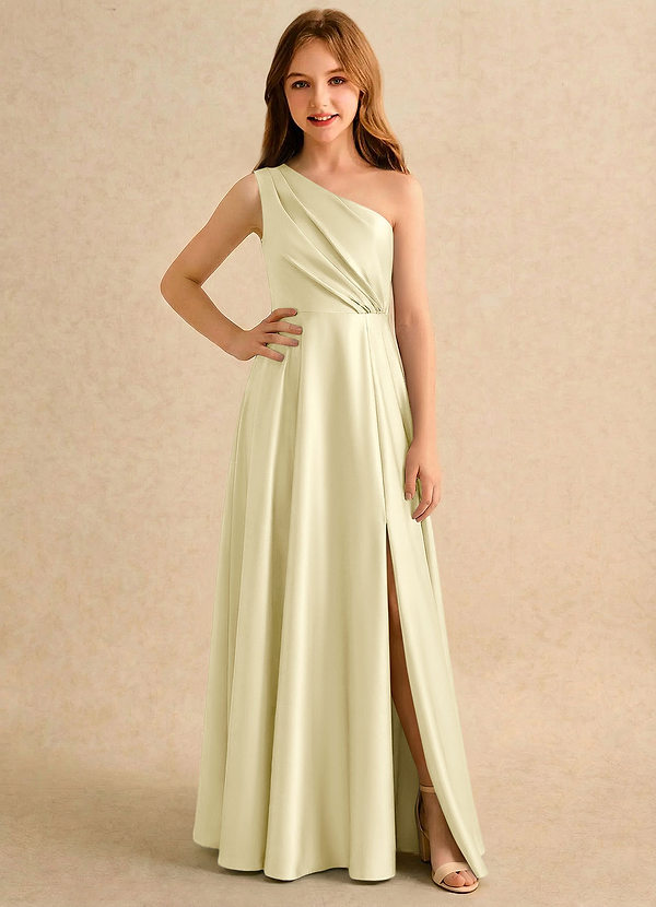 Azazie Puddles Girls Formal Flower Girl Dresses Vestido Sorvete De Limão de Cetim elástico de Linha A com Um ombro image1