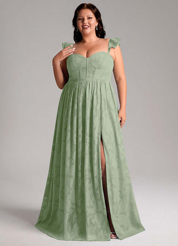 Azazie Denisse Bridesmaid Dresses Dusty Sage A-Line Ruched Floral Burnout Dress image1