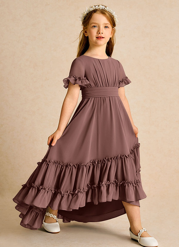 Azazie Kass Flower Girl Dresses Espresso A-Line Pleated Chiffon Dress image1