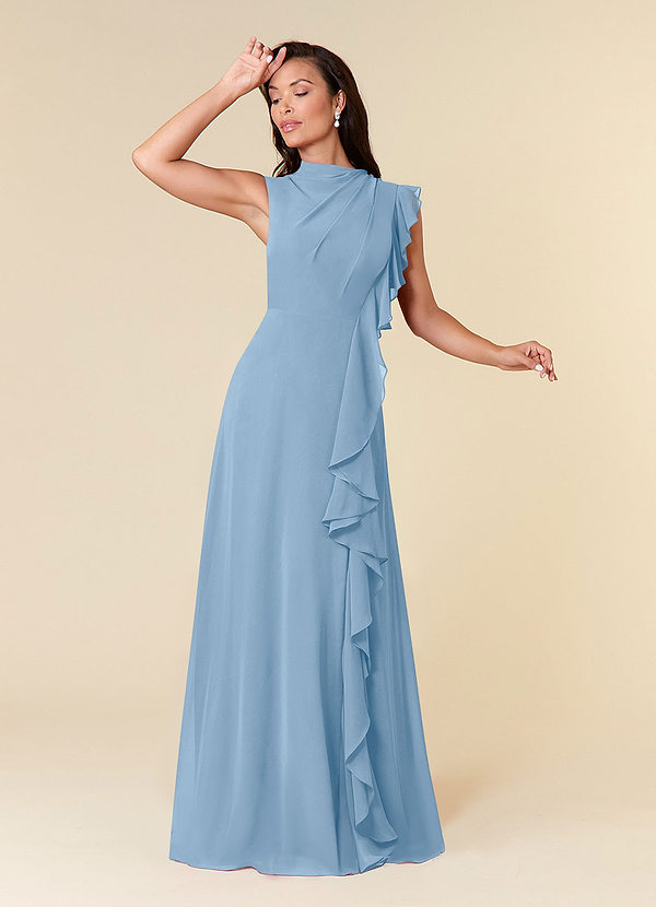 Azazie Narine Vestidos de Madre de la Novia Vestido de Azul Pálido de Gasa de Corte en A con Cuello alto plisado image1