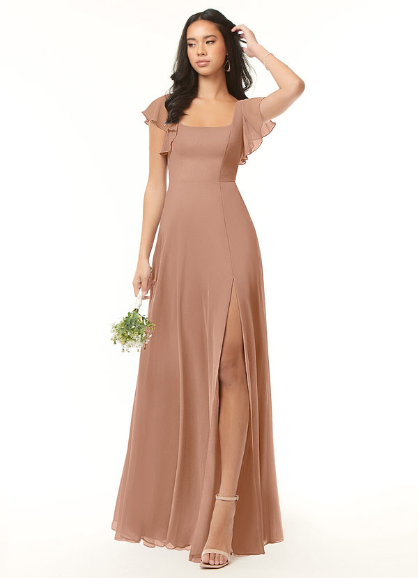 Azazie Bondi Bridesmaid Dresses Champagne Rose A-Line Ruffled Chiffon Dress image1