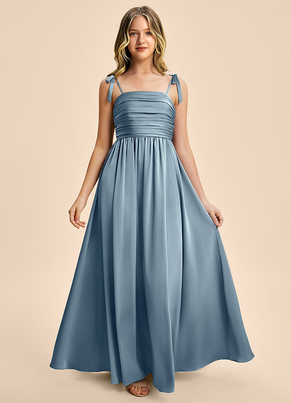 Azazie Jayden Junior Vestido Azul Polvoriento de Satén Elástico de Corte en A con Plisado image1