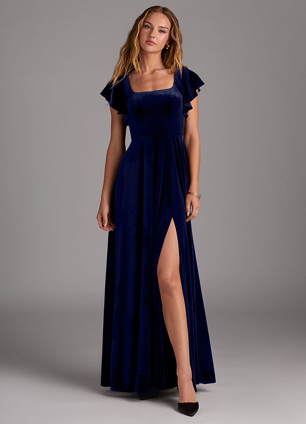 Azazie Bondi Bridesmaid Dresses Dark Navy A-Line Side Slit Velvet Dress image1