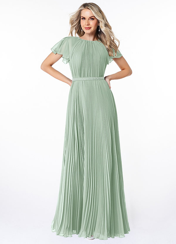 Azazie Kara Modest Bridesmaid Dresses A-Line Pleated Chiffon Floor-Length Dress image1