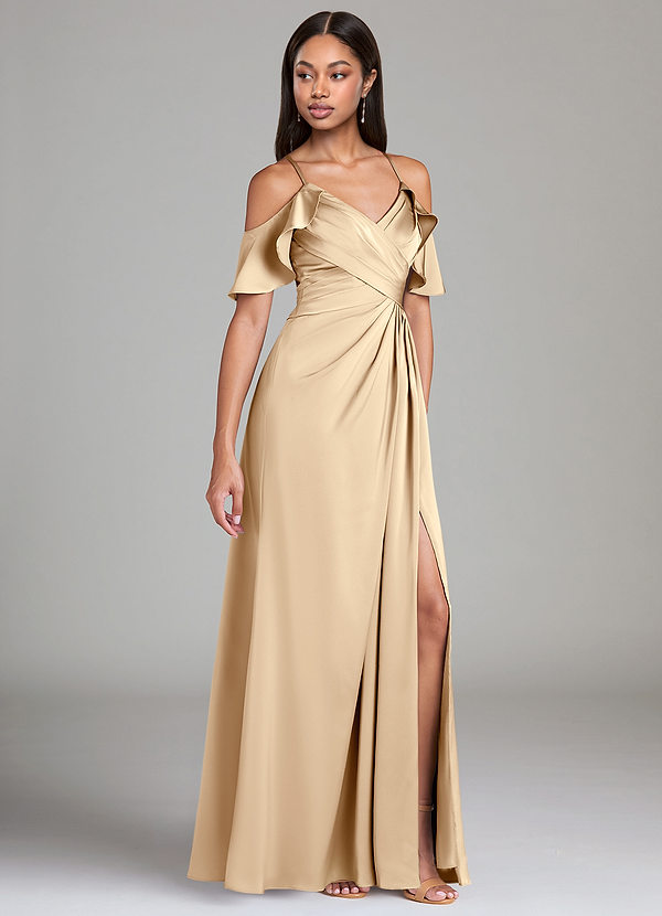 Azazie Dakota Bridesmaid Dresses Champagne A-Line Off the Shoulder Stretch Satin Dress image1