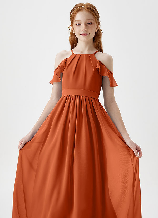 Azazie Chaya Junior Burnt Orange A-Line Off the Shoulder Chiffon Dress image1