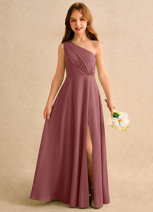 Azazie Puddles Girls Formal Robes de Fillette d'Honneur Robe Trapèze en Mousseline de soie Une épaule Améthyste image1