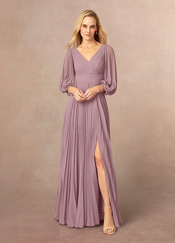 Azazie Zahara Robe Mère de la Mariée & du Marié Robe Trapèze en Mousseline de soie Col V plissé Rose Poussiéreuse image1