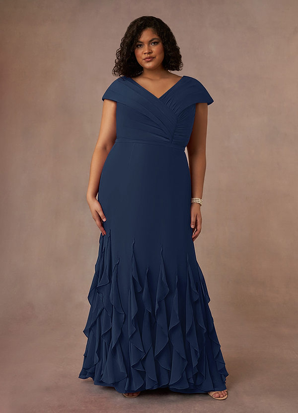 Azazie Bailora Mother of the Brides Dresses Dark Navy Mermaid Ruched Chiffon Dress image1