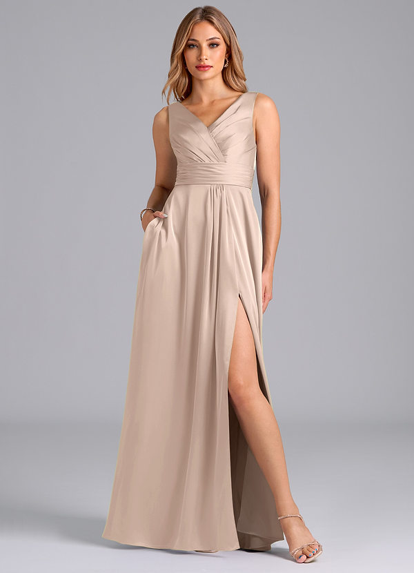 Azazie Karina Bridesmaid Dresses English Rose A-Line Pleated Stretch Satin Dress image1