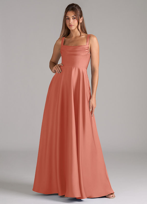 Azazie Shaude Robes Demoiselle d'honneur Robe Trapèze en Satin extensible Plissée Rose Saumon image1