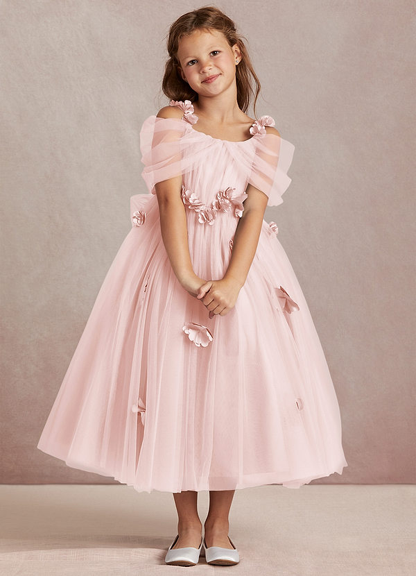 Azazie Shaylee Flower Girl Dresses Blushing Pink A-Line Off the Shoulder Tulle Dress image1