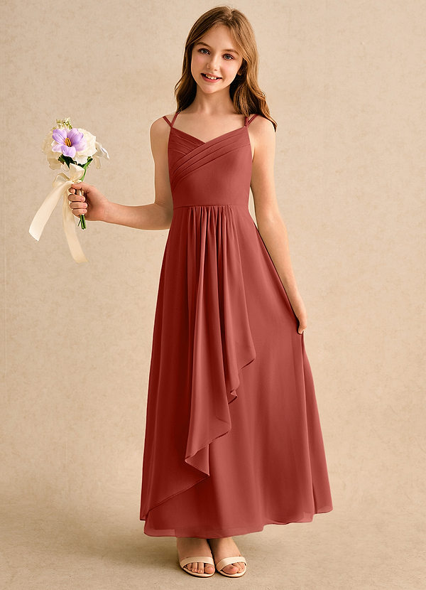 Azazie Zaida Girls Formal Robes de cortège enfant Robe Trapèze en Mousseline de soie Plissée Terracotta image1