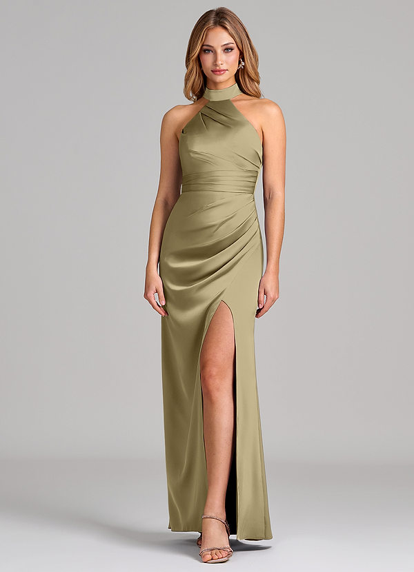 Azazie Karlotta Bridesmaid Dresses Moss Green Sheath Pleated Stretch Satin Dress image1